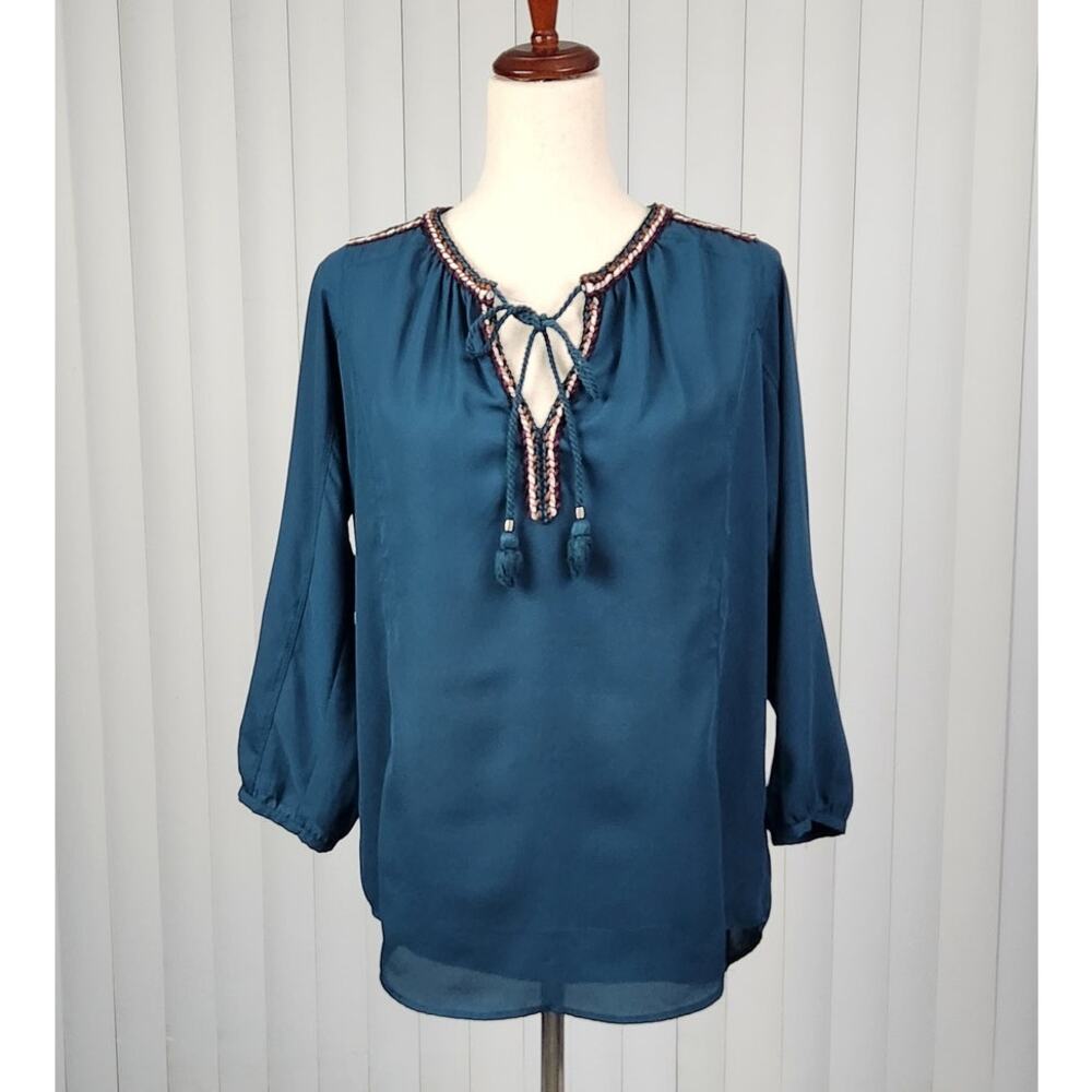 DR2 by Daniel Rainn Tassel Tie Peasant Top Split Neck 3/4 Sleeve Size 12W